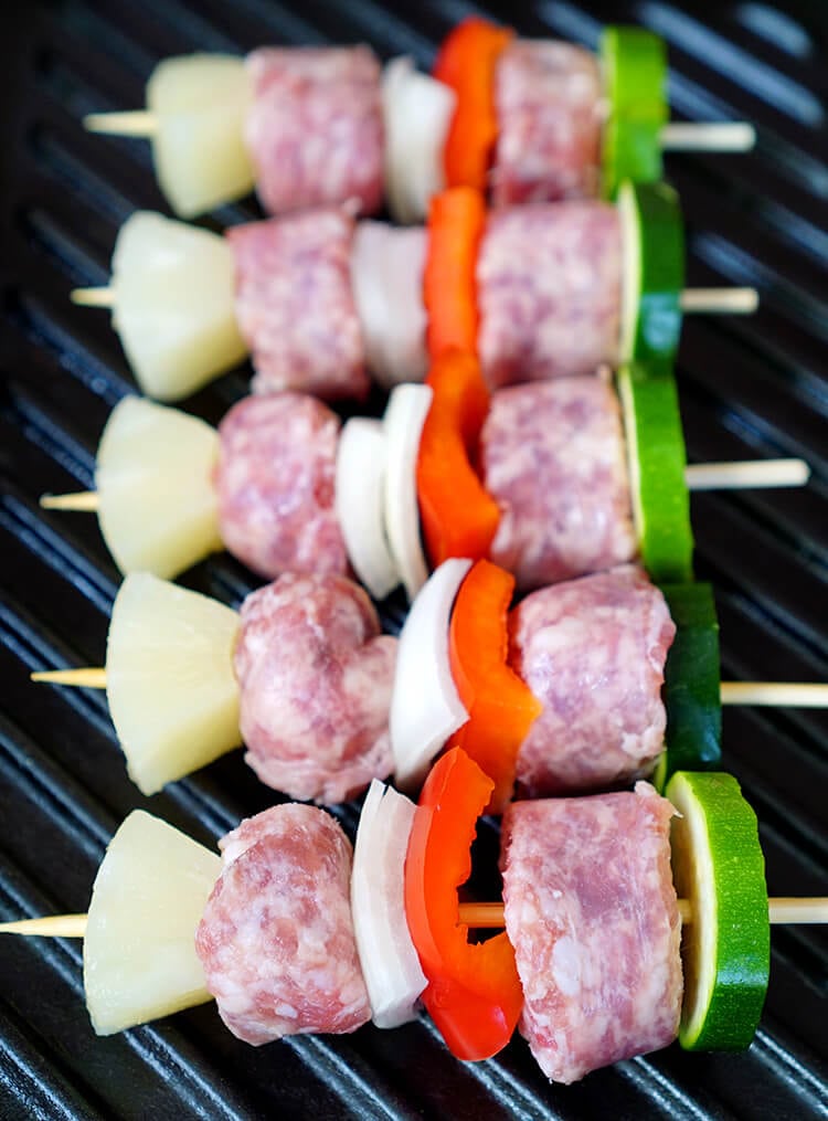 Brat and Veggie Skewers on the Grill
