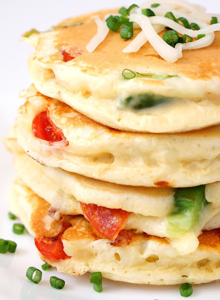 pizza pancakes with pizza toppings baked inside