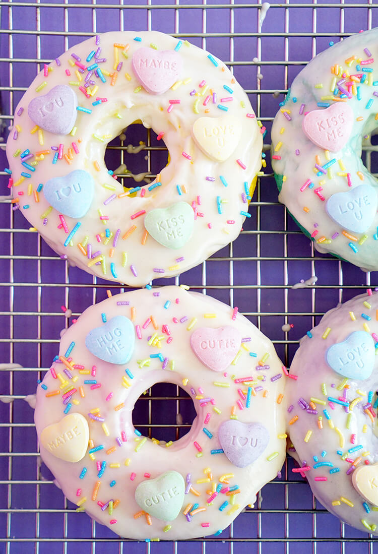 Frosted SweeTART Heart Donuts