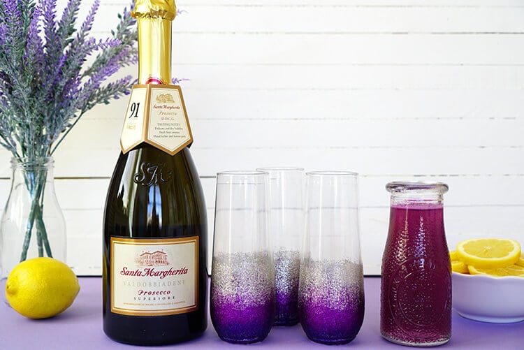 Lavender Lemonade Prosecco Cocktail glasses and bottle 