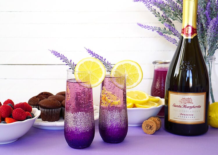 Lavender Lemonade Prosecco Cocktail recipe in glasses