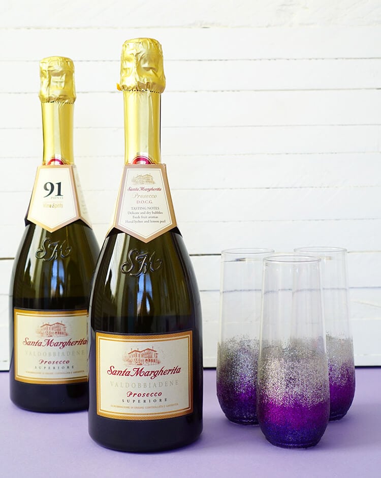 pretty glitter dipped glasses and santa margherita prosecco