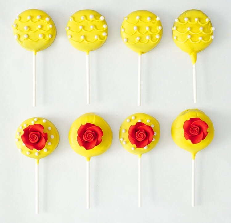 Beauty and the Beast Oreo Pops with rose decorations