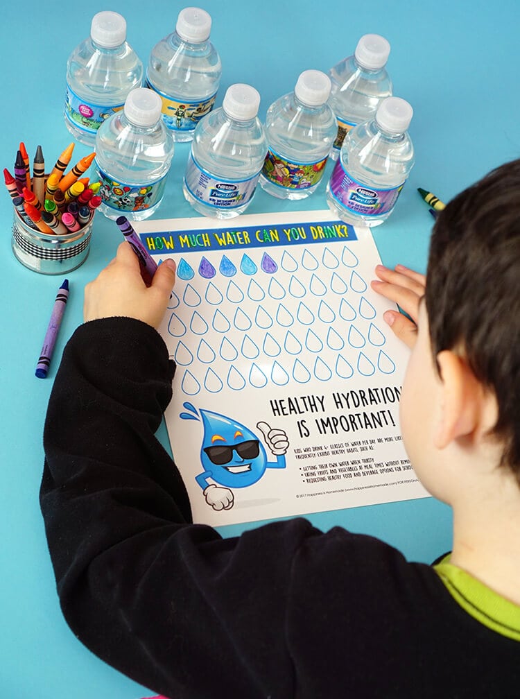 child coloring in water intake hydration chart