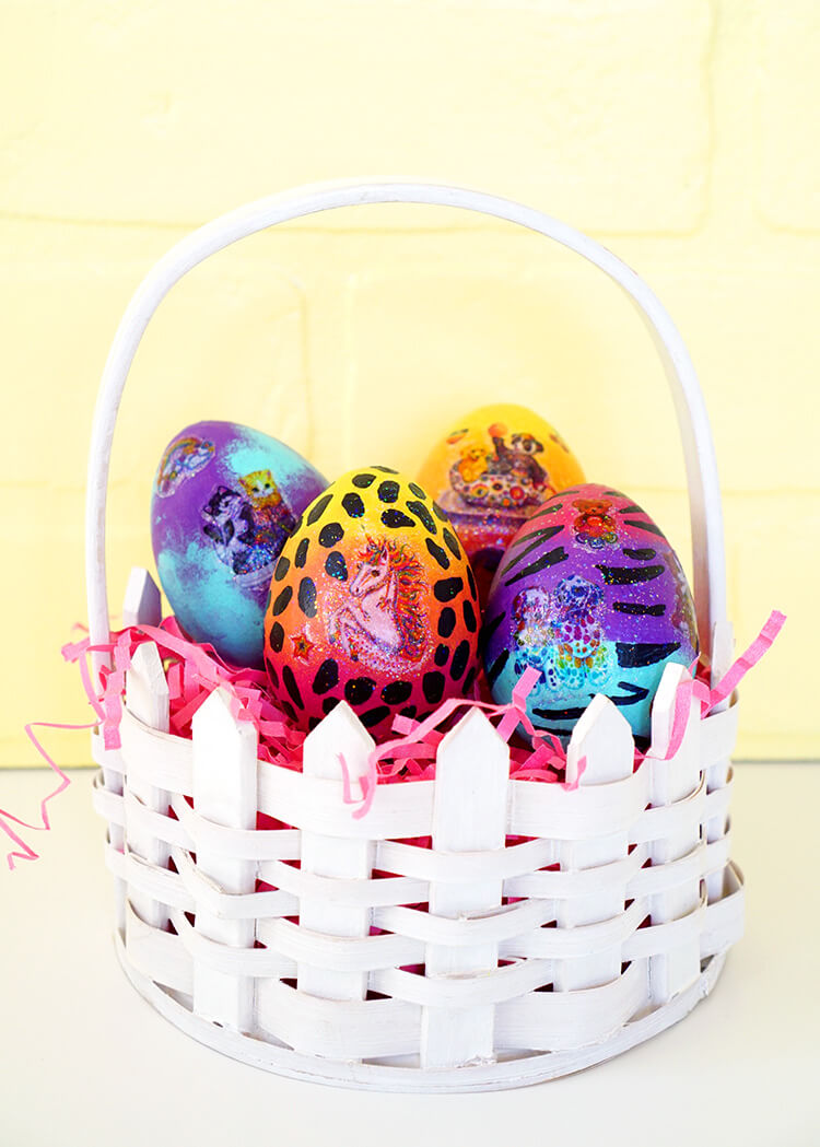 diy lisa frank tattoo easter eggs in basket 