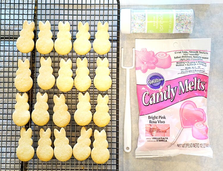 baked bunny sugar cookies and pink candy melt supplies