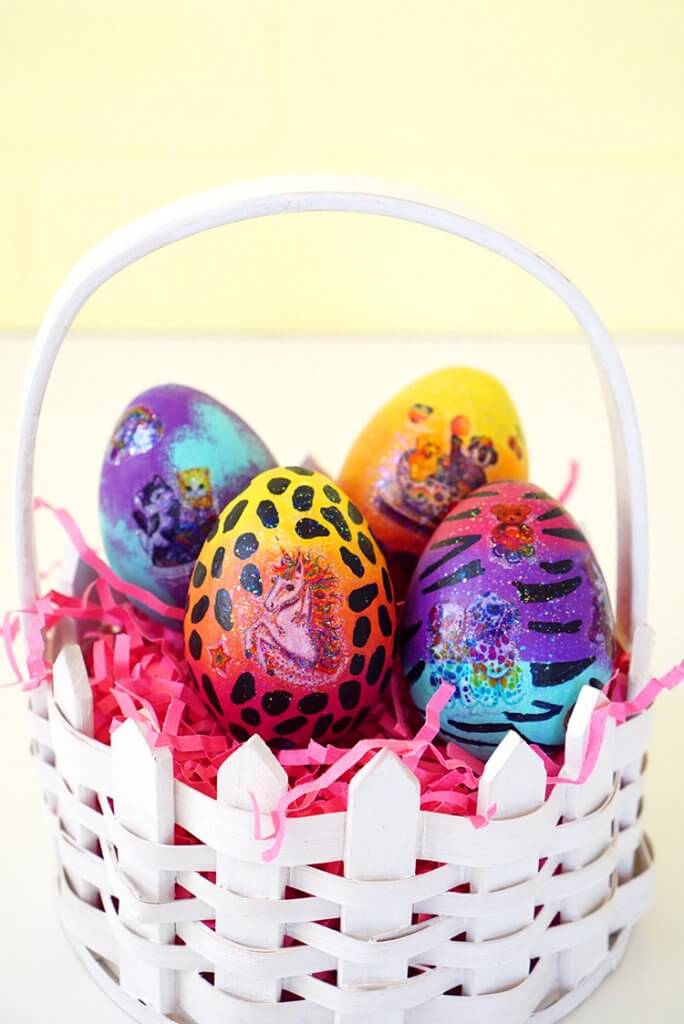lisa frank inspired easter eggs in basket