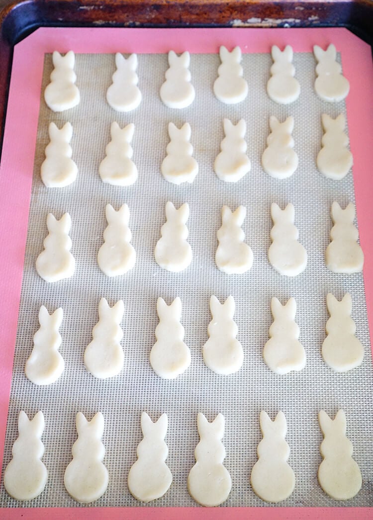 sugar cookie bunnies on baking sheet