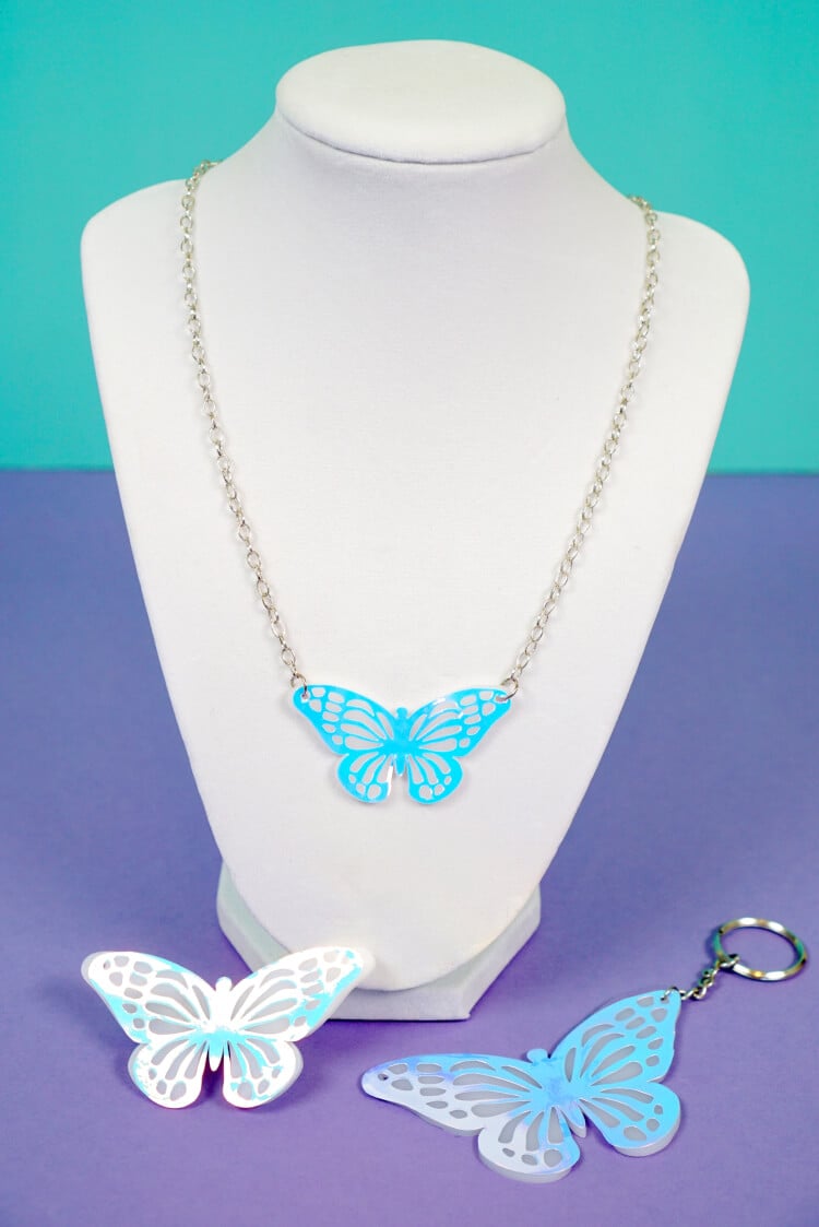 cute diy holographic shrink plastic butterfly necklace and keychains