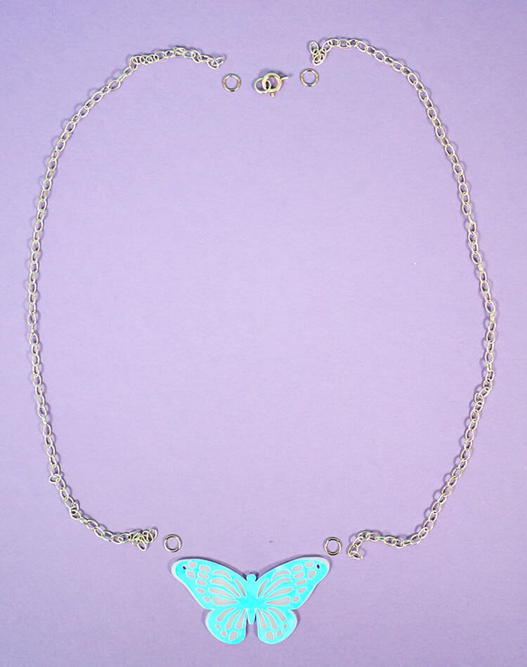 blue butterfly necklace fully assembled