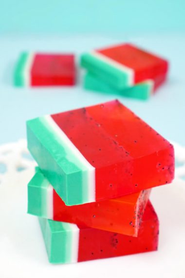 DIY Watermelon Soap stacked on dish