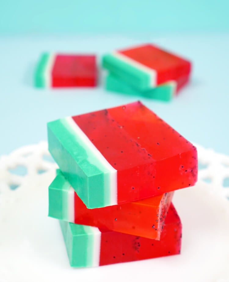DIY Watermelon Soap stacked on dish