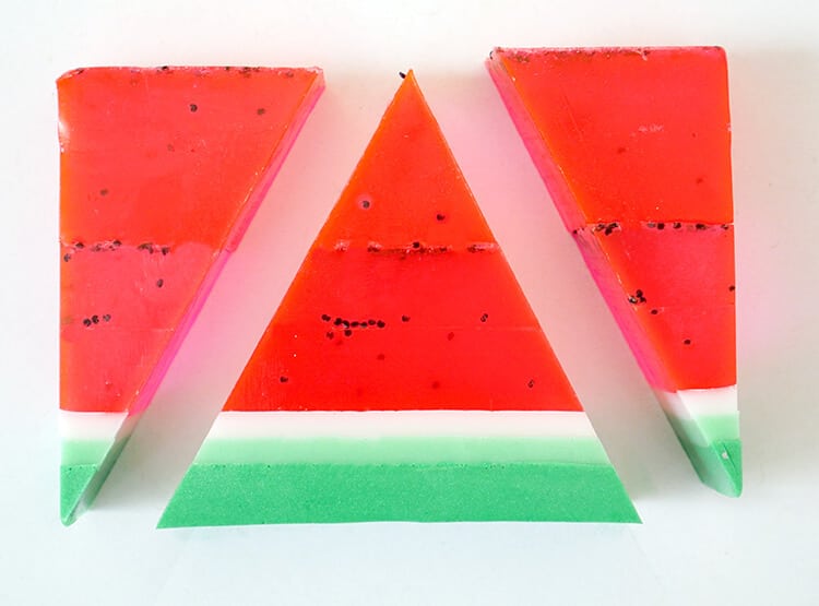 DIY Watermelon Soap cut into triangle shapes