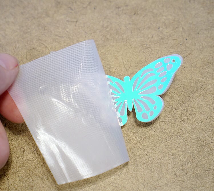 peeling transfer paper from butterfly