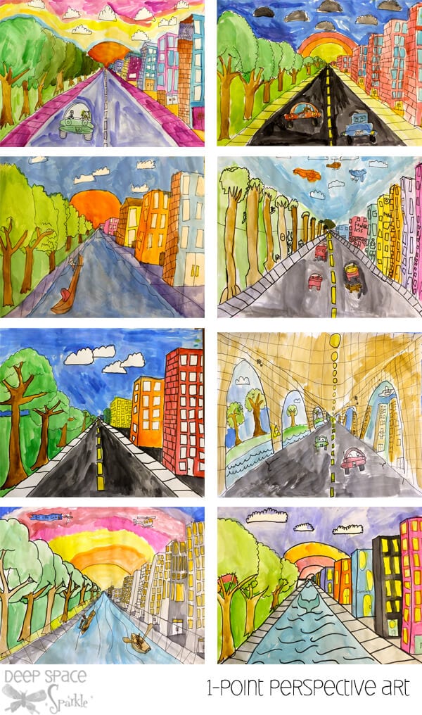 different drawn pictures of city landscapes in 1 point perspective