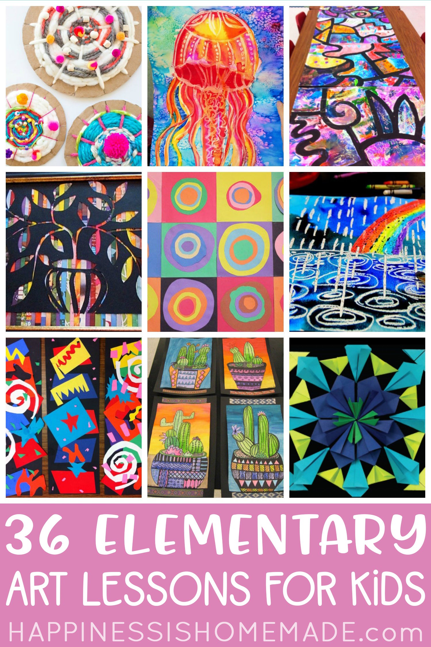 36 elementary art lessons for kids pin graphic