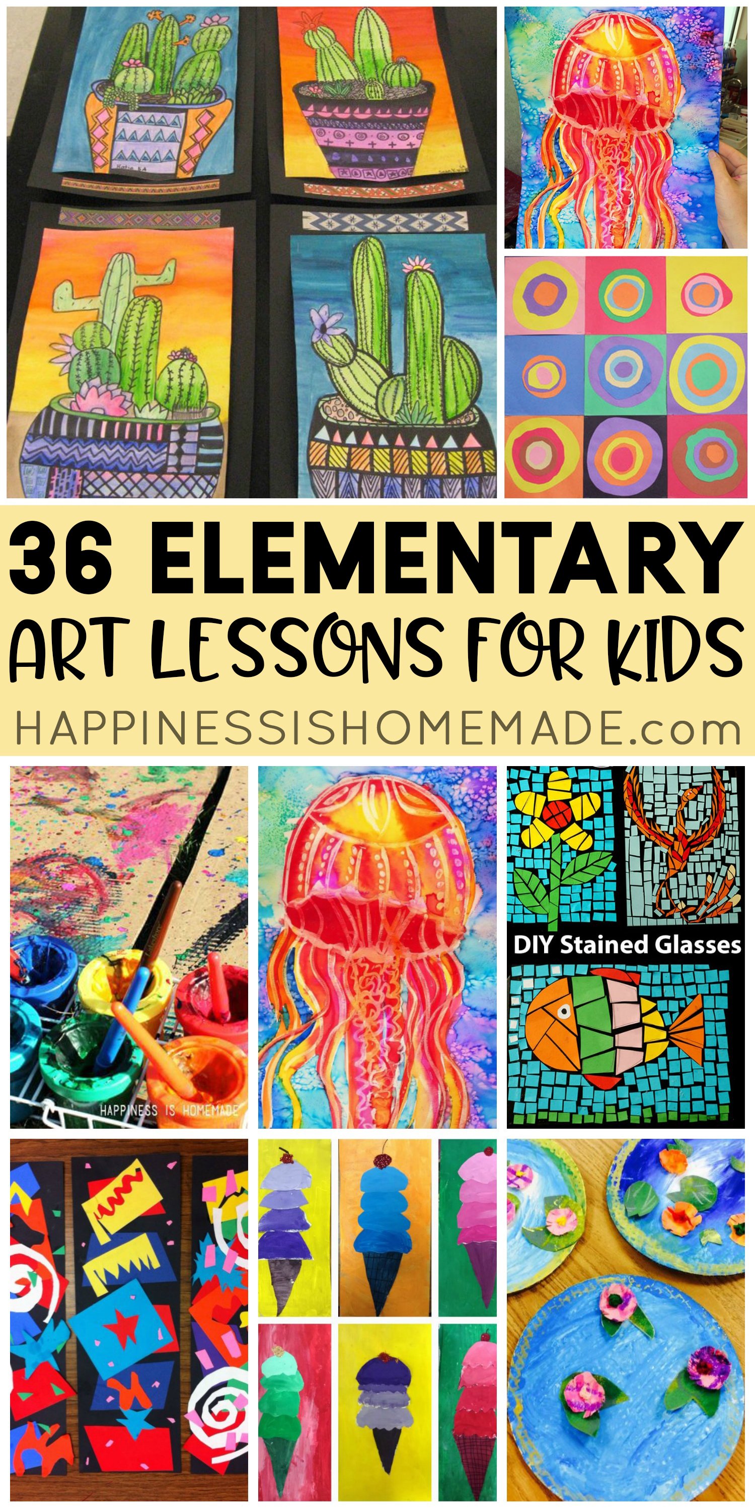 36 elementary art lessons for kids pin graphic