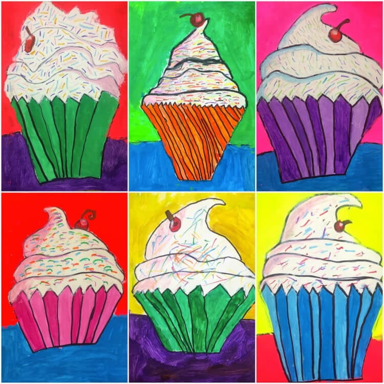 wayne thiebaud inspired painted cupcakes in different colors