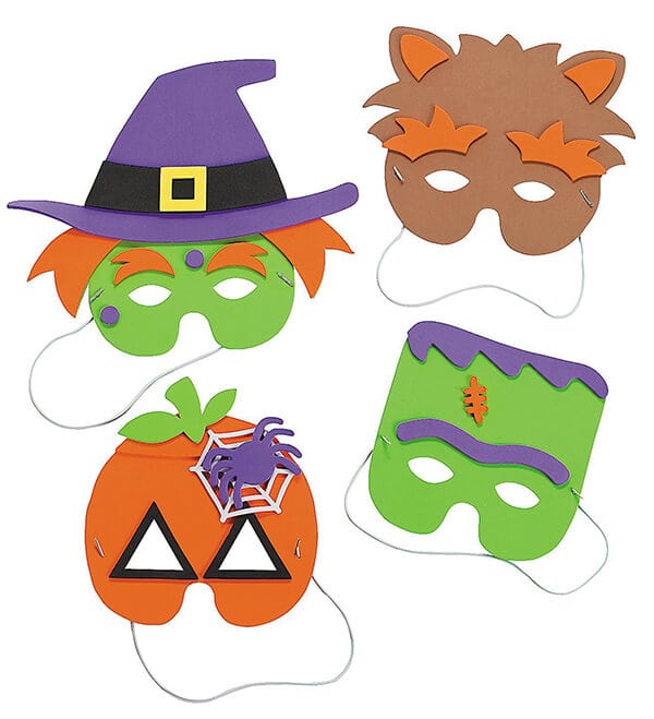 halloween printable masks, witch, pumpkin, frankenstein and wolf