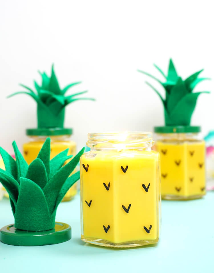 pineapple diy candles with felt leaf lids