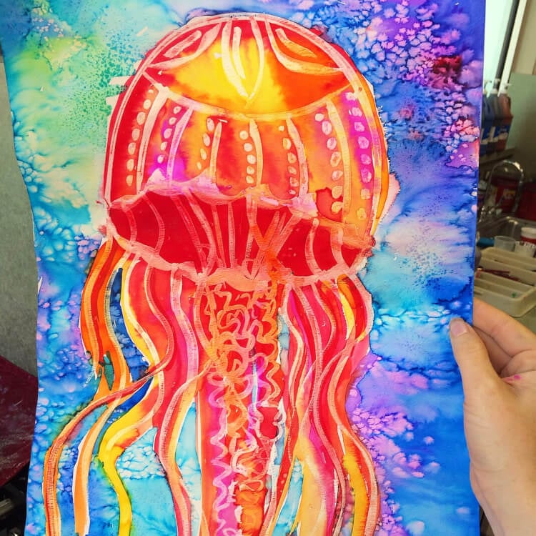 orange jellyfish on blue ocean background painting