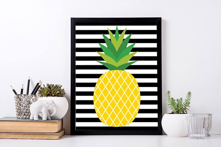 Pineapple Printable on Black and White Stripes