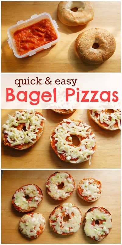 Photo collage showing how to make a bagel pizza with onions and red sauce