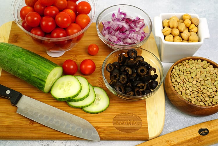 diced salad ingredients prepped and ready to make 