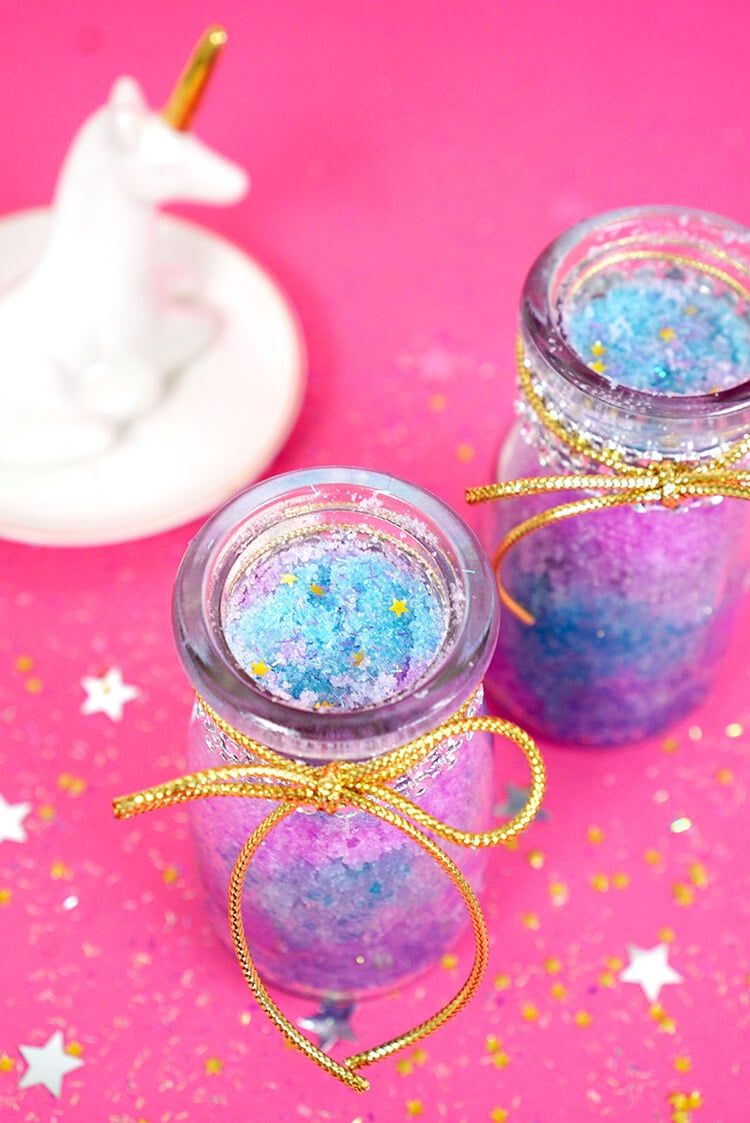 diy unicorn sugar scrub in jars