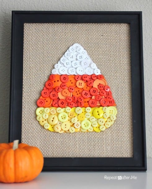 candy corn sign made from buttons