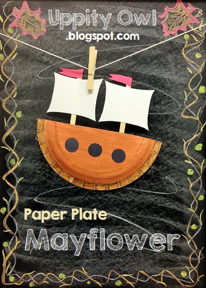 paper plate mayflower ship hanging on clothespin