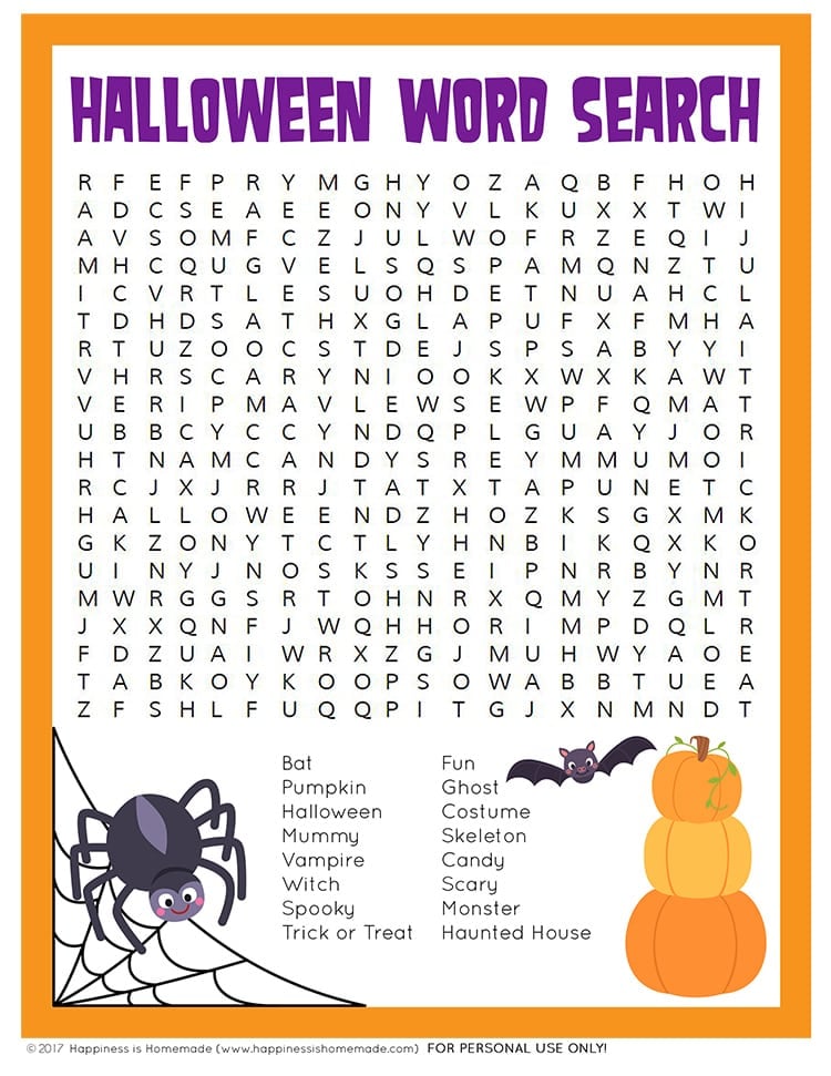 free printable halloween word search game