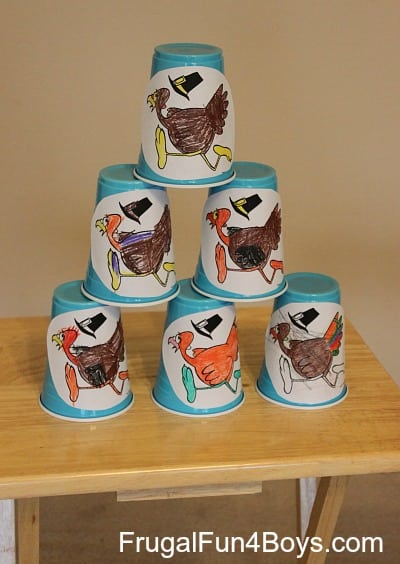 cups stacked up to play a game called flying turkeys