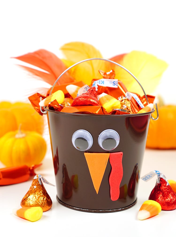 turkey shaped treat bucket filled with candy