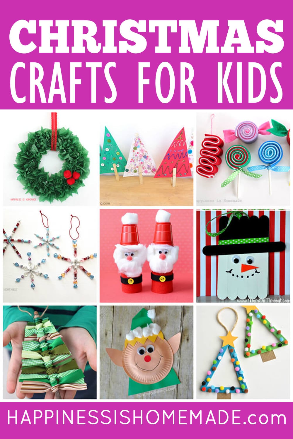 Collage of 9 Christmas kids crafts and "Christmas Crafts for Kids" text on magenta background