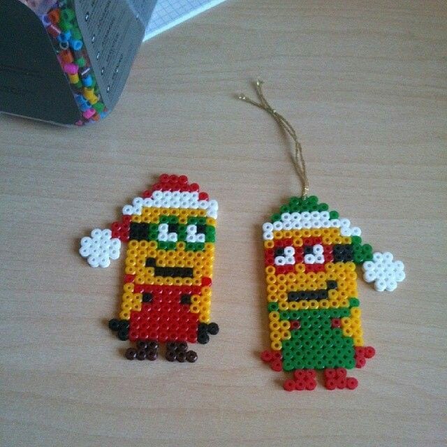 minions wearing santa hats perler bead ornaments