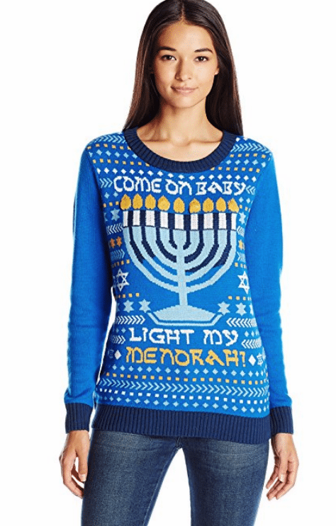 ugly Hanukkah sweaters worn by woman