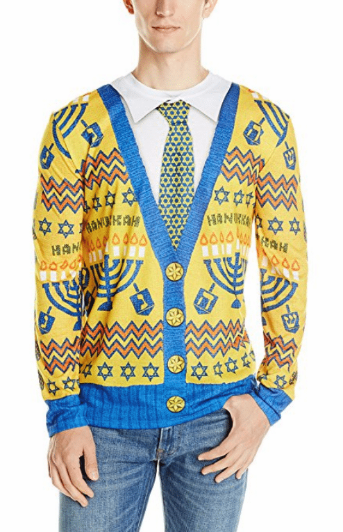 hideous yellow faux Hanukkah sweater