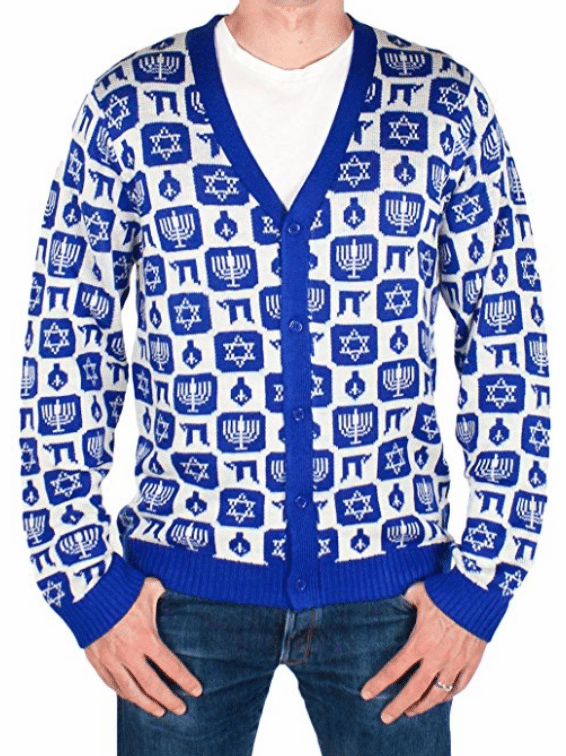 blue and white Hanukkah cardigan sweater