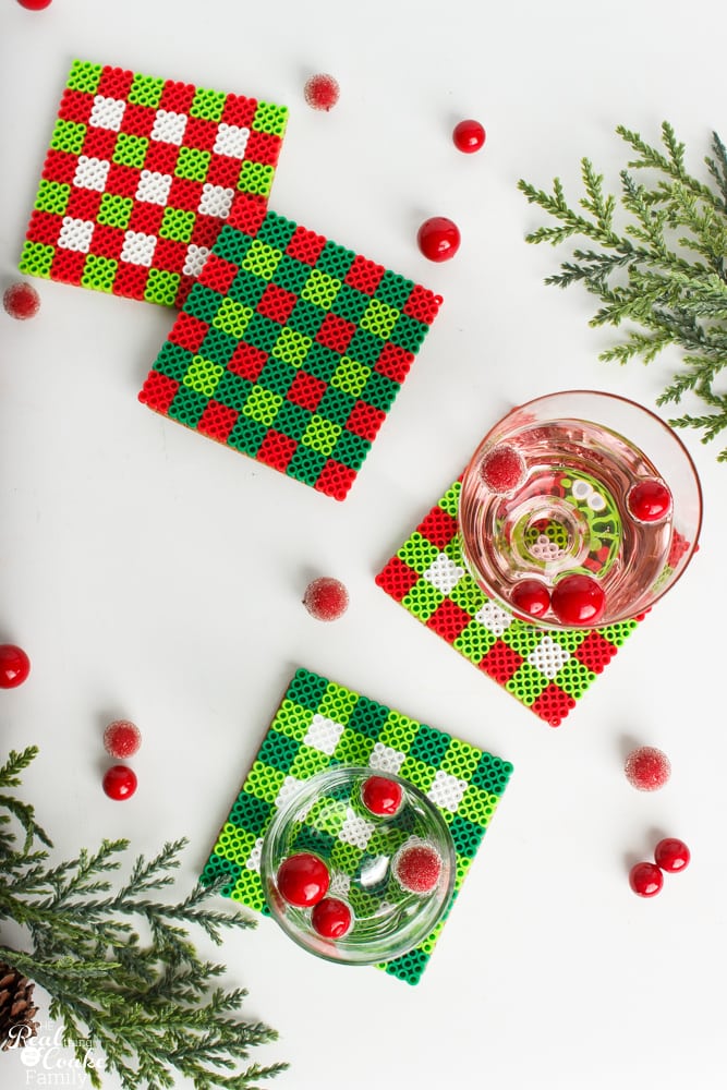 plaid christmas coasters with drink