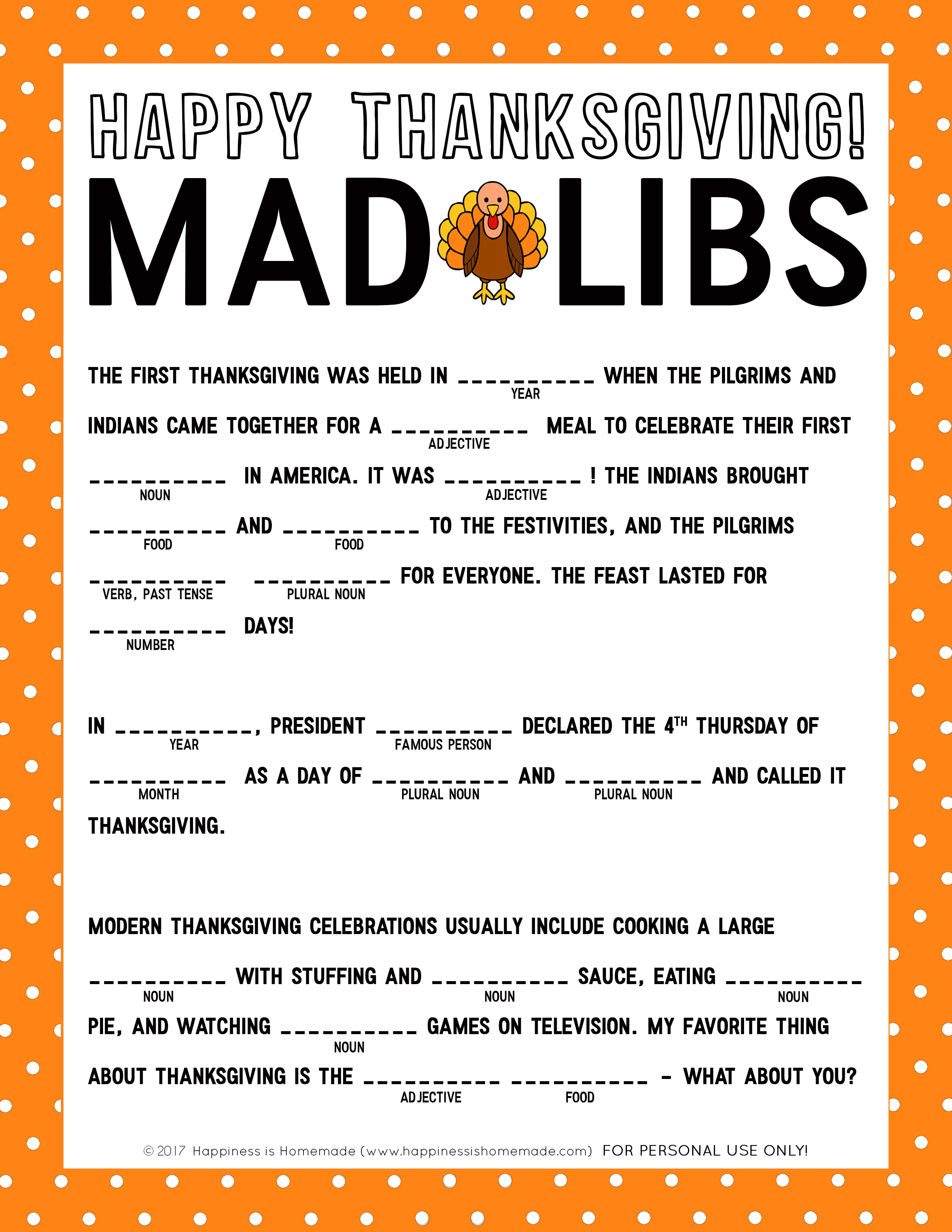 Thanksgiving Mad Libs Printable