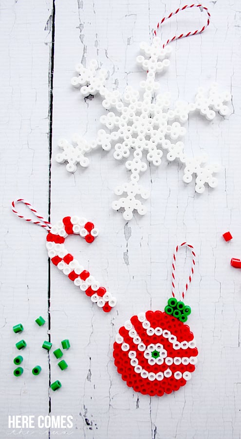 snowflake, candy cane and ornament made from perler beads