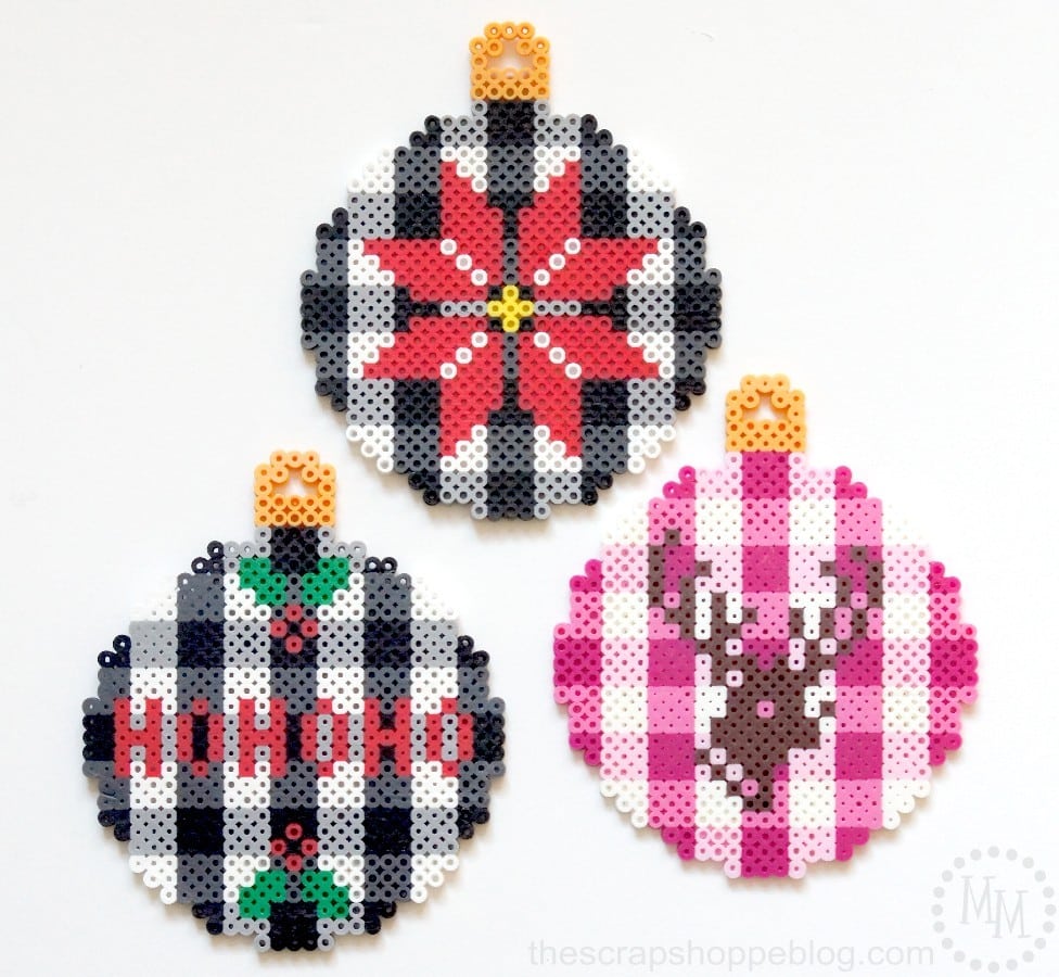 plaid christmas ornaments made from perler beads