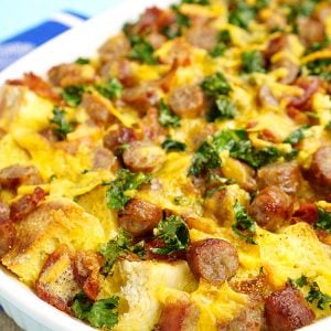 Bacon and sausage breakfast casserole in dish