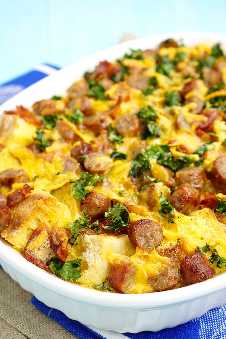 Bacon and sausage breakfast casserole in dish