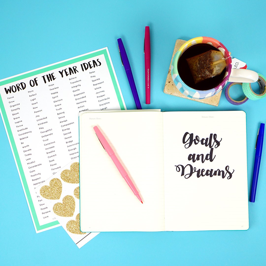 one little word ideas and planner with cup of coffee