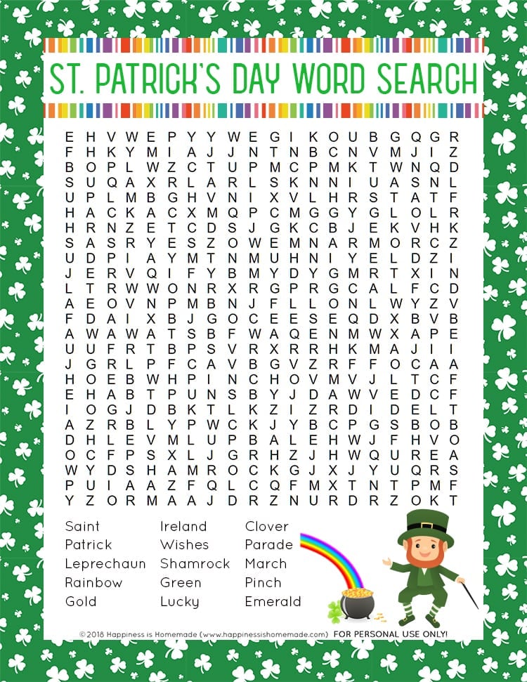 St. Patrick's Day Word Search Printable Happiness is Homemade