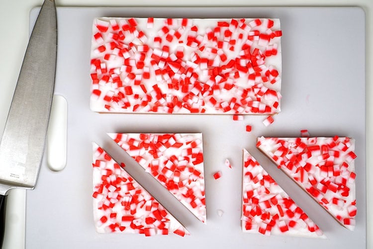 peppermint soap bark cut into triangles and full block