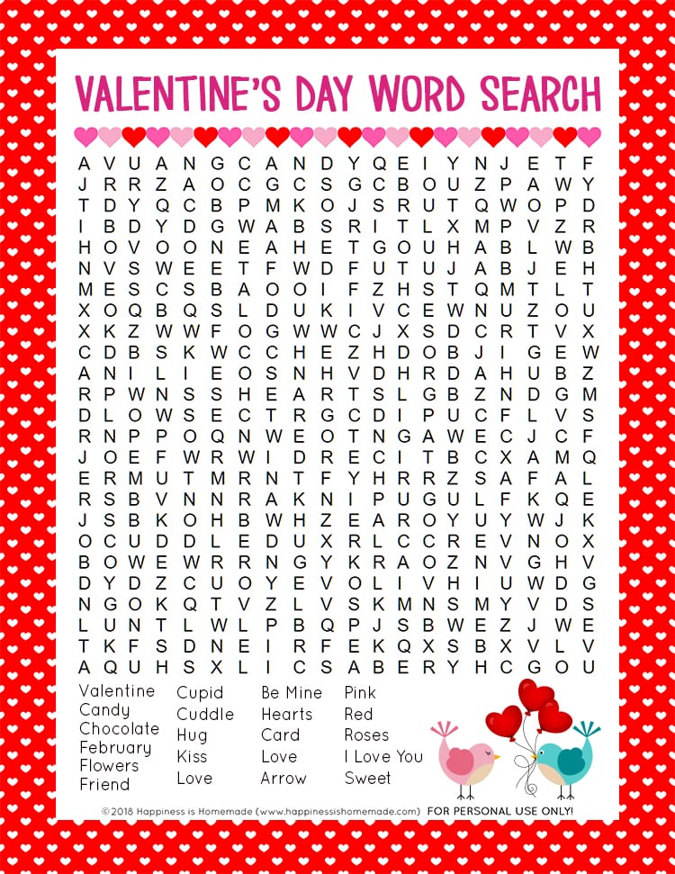 Valentine\'s Day Word Search printable puzzle game for kids