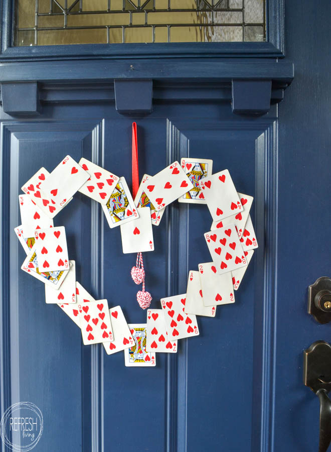 DIY valentine's day wreath made with heart playing cards